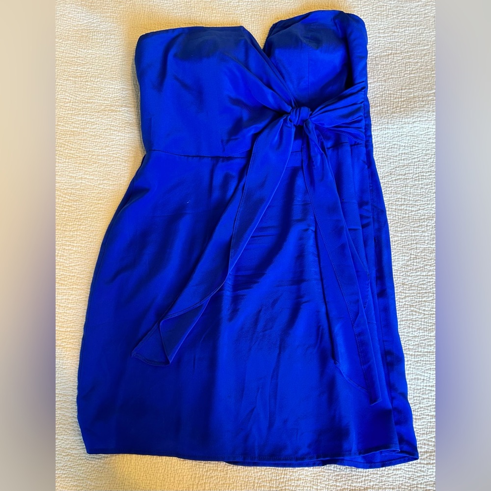Blue silk strapless mini dress